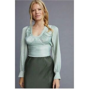 Anthropologie Blouson-Sleeve Blouse Mint Medium Plunging Neckline NWT